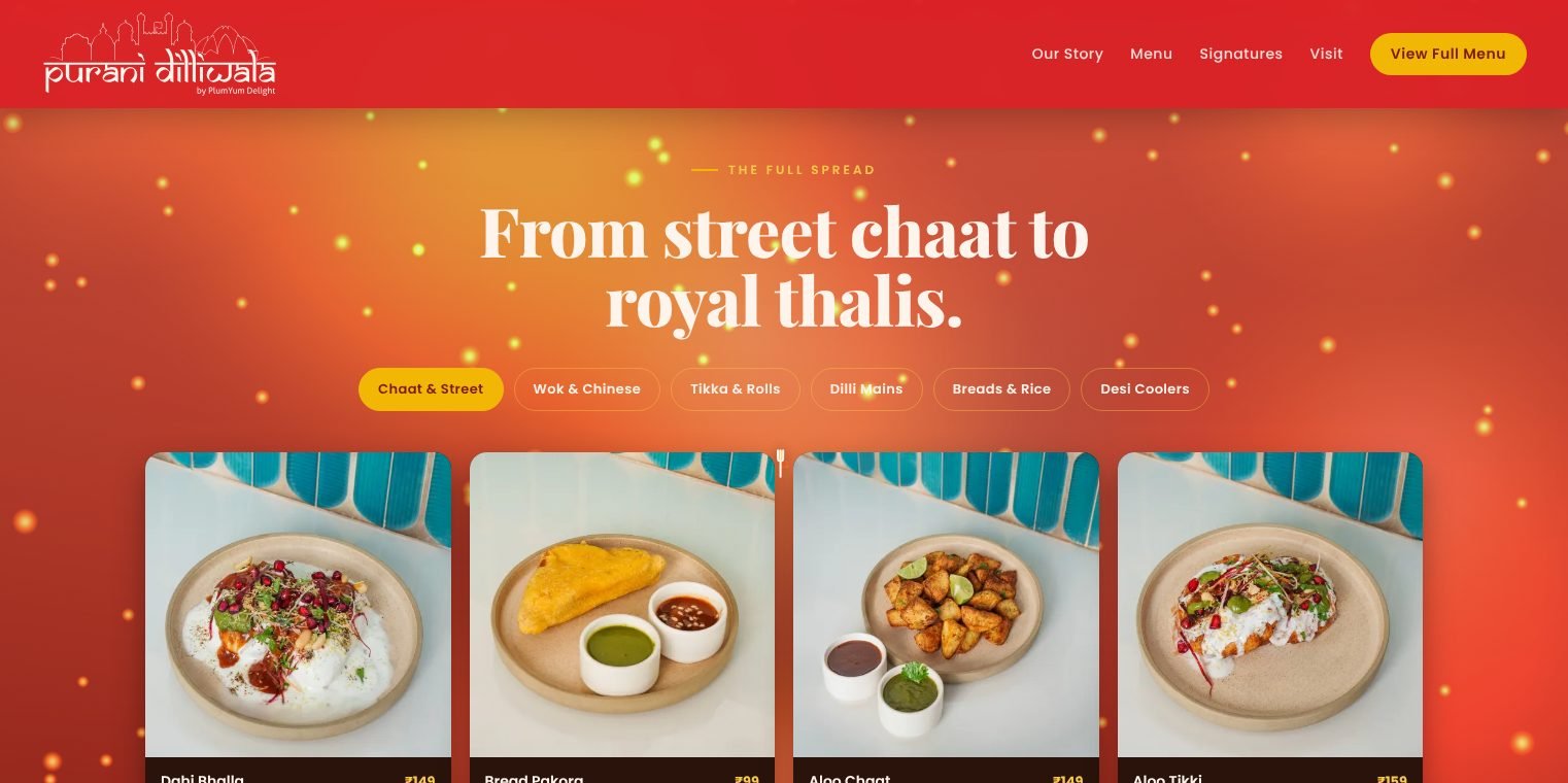 From street chaat to royal thalis: the menu with category tabs and photo cards